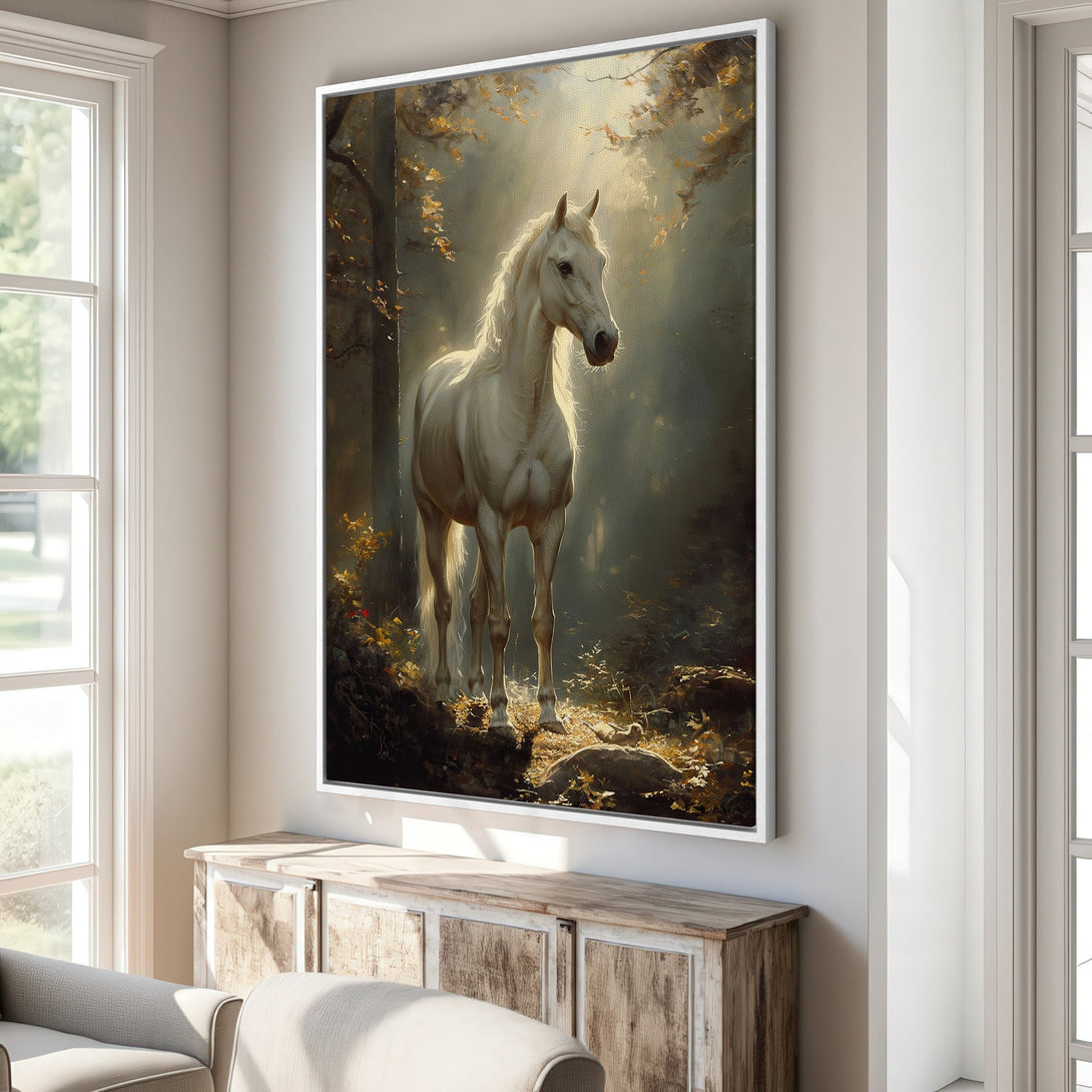Framed Wall Art featuring a majestic white horse in a forest scene. Warm, earthy tones and a painterly style add elegance to any interior.