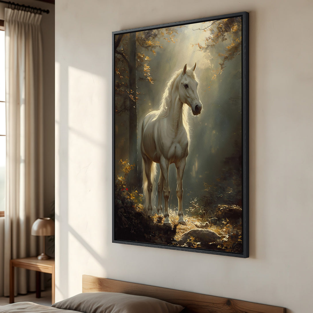 Framed Wall Art: Majestic white horse in a sunlit forest. Classic art style with warm, earthy tones. Perfect for adding elegance to any room.