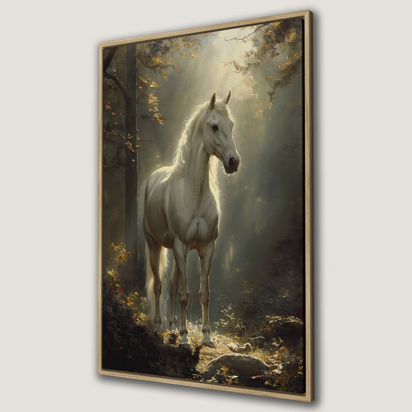 Framed Wall Art: Majestic white horse in a sunlit forest. Stunning canvas print with a warm, earthy color palette. Elevate your space with this elegant artwork.