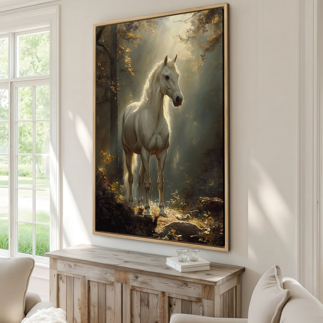 Framed Wall Art featuring a majestic white horse in a forest scene. Warm, earthy color palette evokes a serene, natural aesthetic. Perfect for home decor.