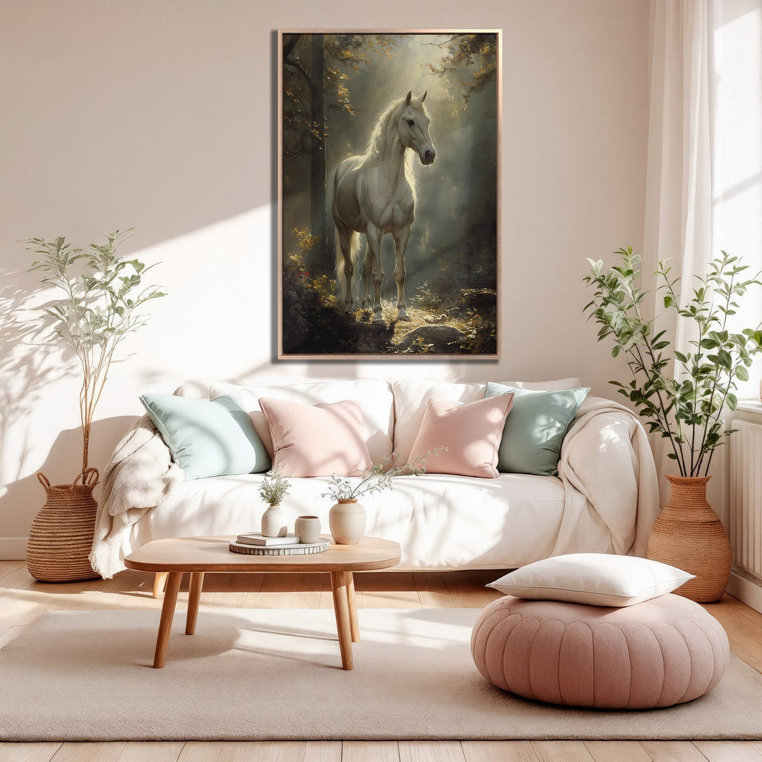 Framed Wall Art: Majestic white horse in a forest scene. Soft, dreamy art with a warm neutral color palette, perfect for adding elegance to your home.