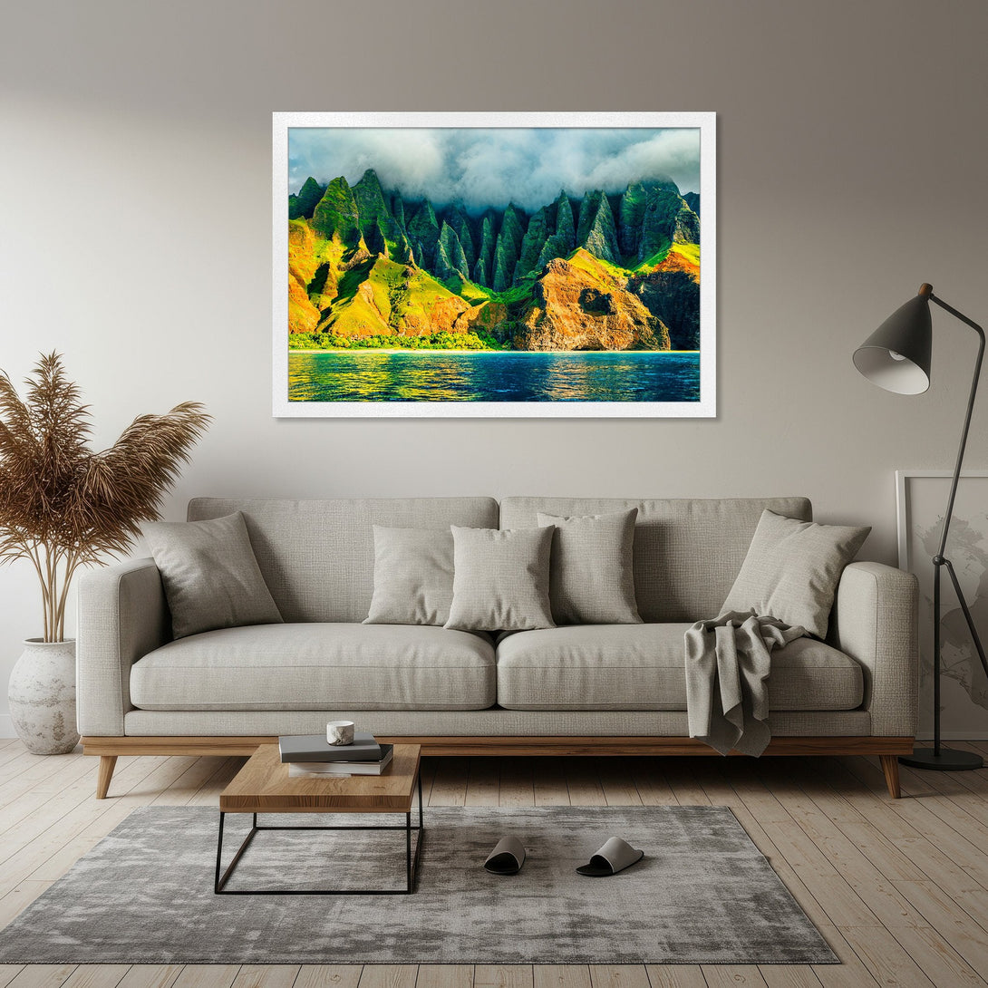 Framed Poster of a vibrant mountain landscape with a blue and green color palette, perfect for home decor.