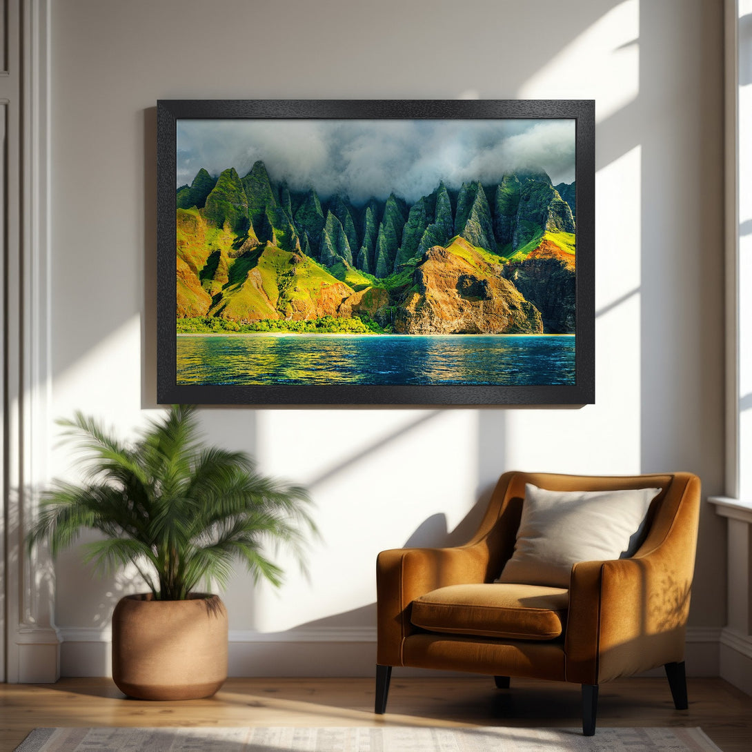 Framed Poster of lush green mountains over blue water. Vibrant landscape art in a warm color palette. Perfect wall decor.