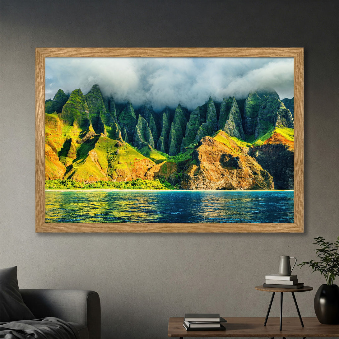 Framed Poster of a stunning mountain landscape with vibrant green and yellow hues, blue water, and a natural wood frame. Perfect wall art!