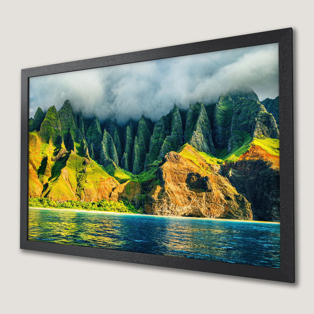 Framed Poster of stunning mountain landscape with vibrant greens, blues, and yellows. Bring nature's beauty home!