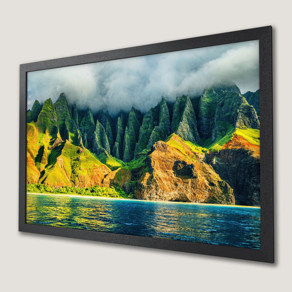 Framed Poster of stunning mountain landscape with vibrant greens, blues, and yellows. Bring nature's beauty home!