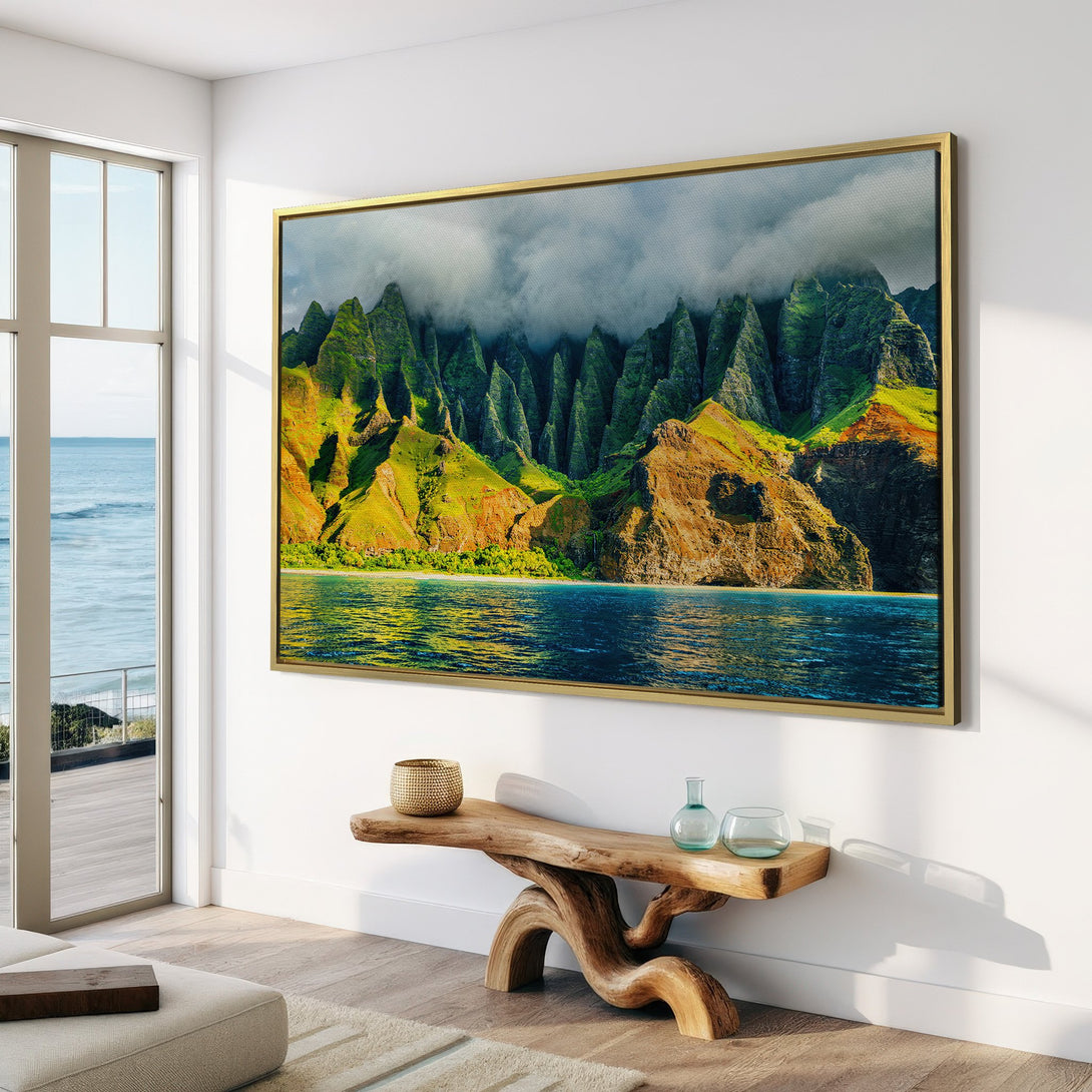 Canvas Print of a vibrant mountain landscape. Green, blue, and gold color palette creates a serene, natural feel. Perfect for your living room!