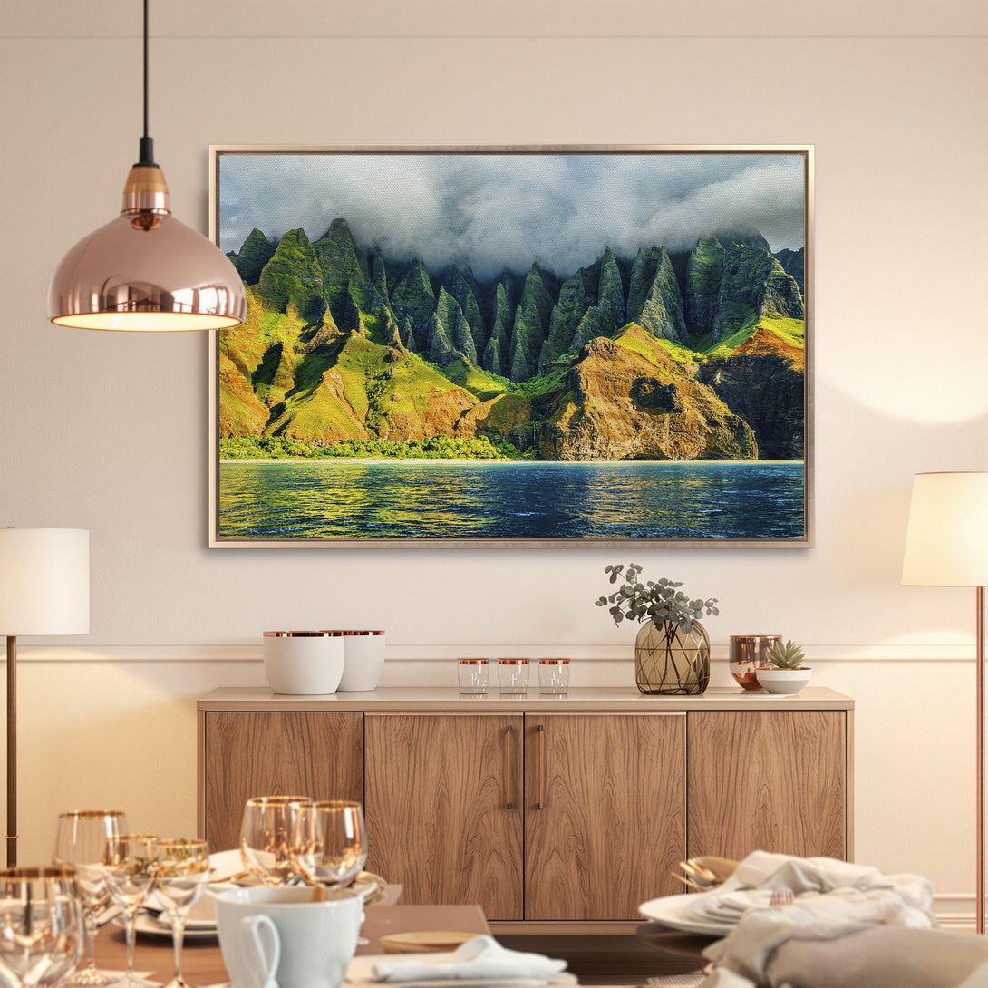 Framed Wall Art: Stunning coastal landscape Canvas Print. Green mountains, blue water, and a warm color palette create a serene and inviting atmosphere.