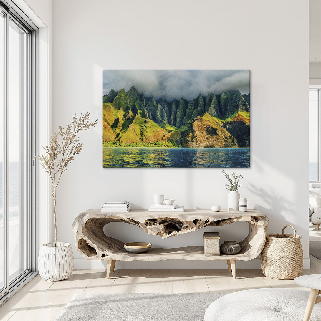 Framed Wall Art: Stunning landscape Canvas Print of mountain range with vibrant green and orange hues. Perfect for adding a touch of nature to your home decor.