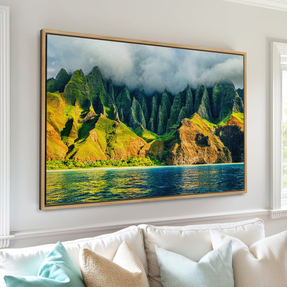 Framed Wall Art featuring a vibrant mountain landscape with lush green peaks, blue water, and a warm, natural color palette. Perfect for adding a touch of nature to your home.