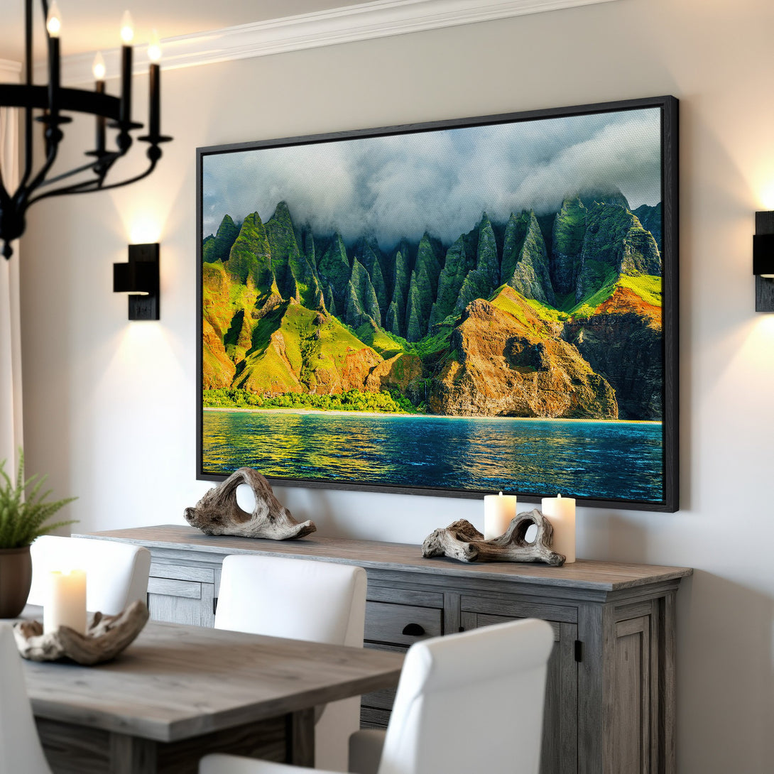 Framed Wall Art: Breathtaking mountain and ocean landscape Canvas Print. Vibrant green, blue, and yellow hues create a stunning focal point for any room.