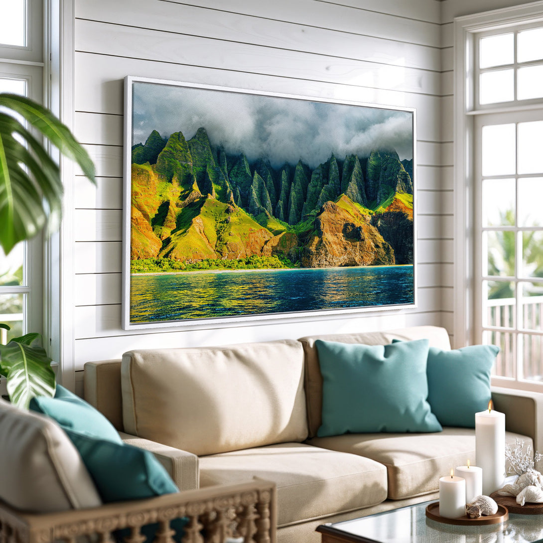 Framed Wall Art of a vibrant mountain landscape. Coastal style with green, blue, and yellow hues. Perfect for adding a touch of nature to your home.