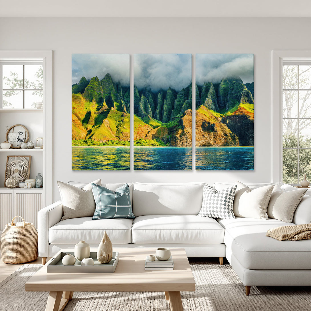 Canvas Print of a vibrant mountain landscape with green, yellow, and blue hues, displayed in a bright, modern living room.