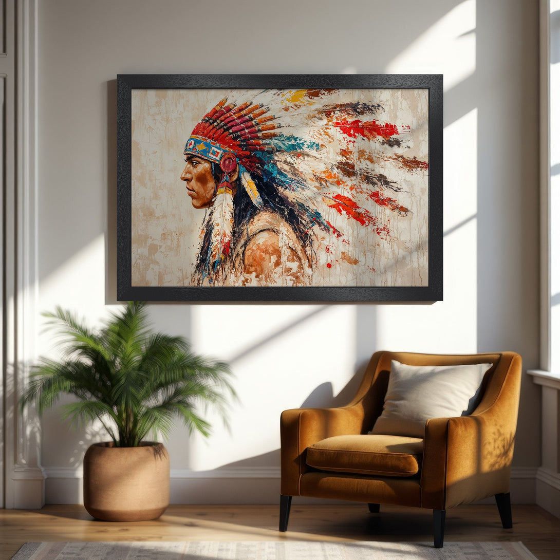 Framed Poster featuring a Native American portrait in an expressive, colorful style. Perfect wall art for a stylish home.