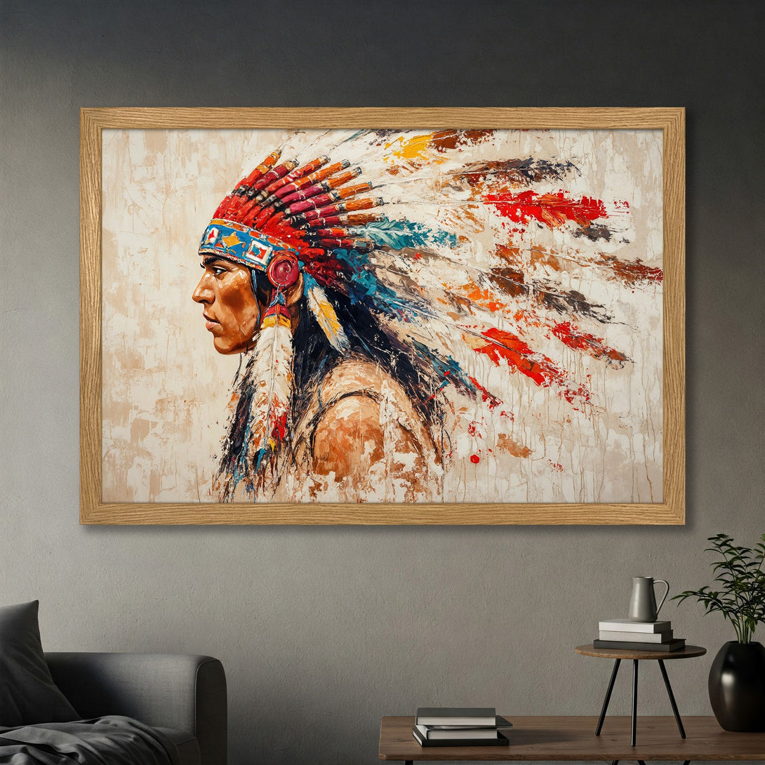 Framed Poster featuring a Native American chief in profile, abstract style with vibrant colors. Perfect wall art for your home!