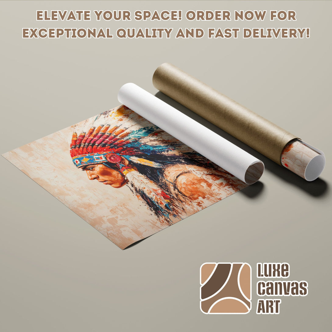 Native American portrait poster roll, warm color palette, perfect wall art. Order now!
