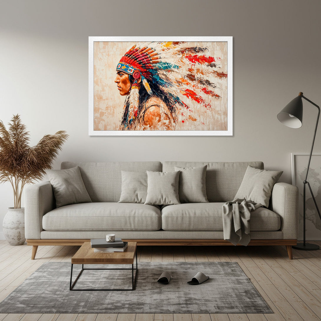 Framed Poster of Native American in vibrant colors, abstract style, perfect for living room decor. Shop our art prints!