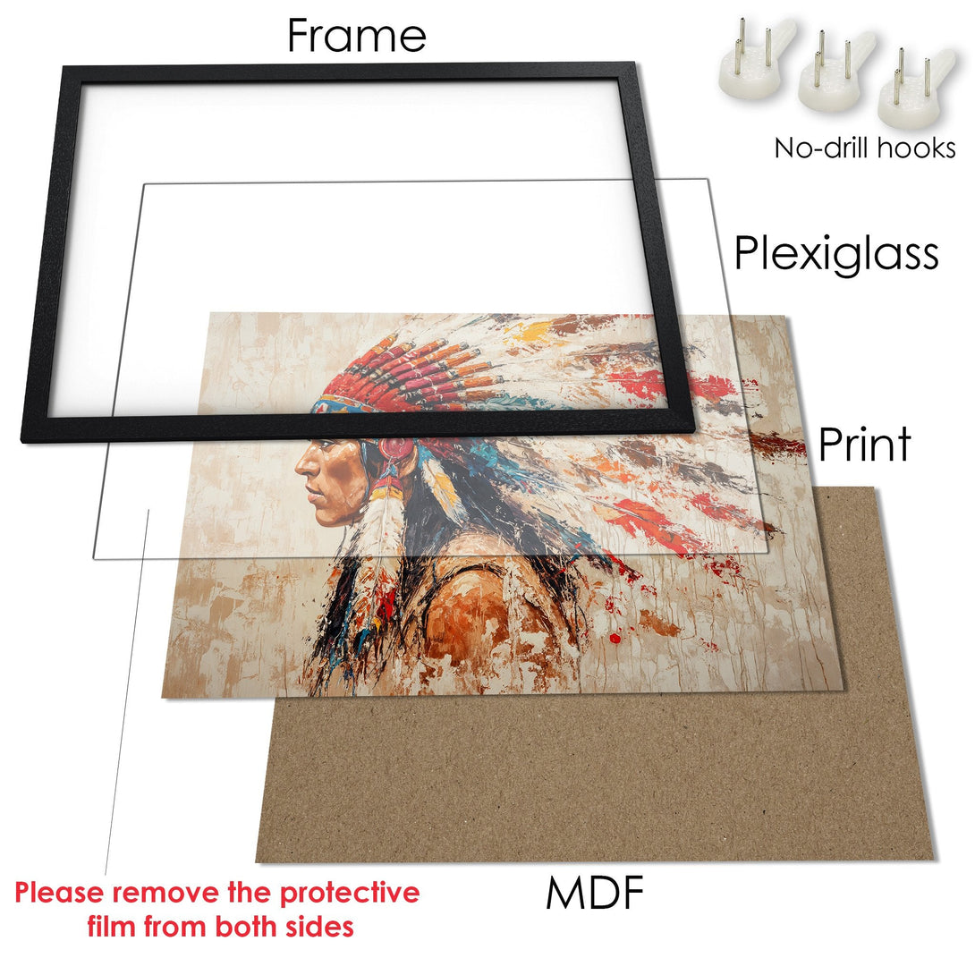 Framed Poster featuring an abstract Native American portrait in warm tones. Perfect wall art to elevate your space!