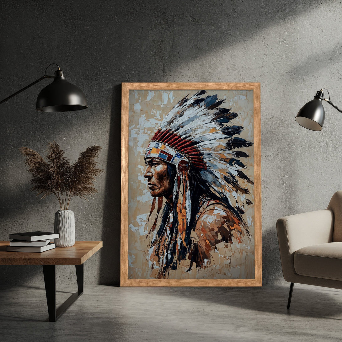 Framed Poster of Native American Chief in a painterly style, featuring a warm, earthy color palette. Perfect wall art!