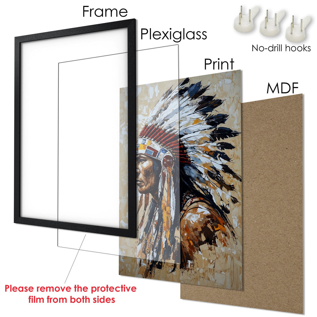 Framed Poster featuring a Native American portrait in an expressive style with a warm, earthy color palette. Ready to hang!