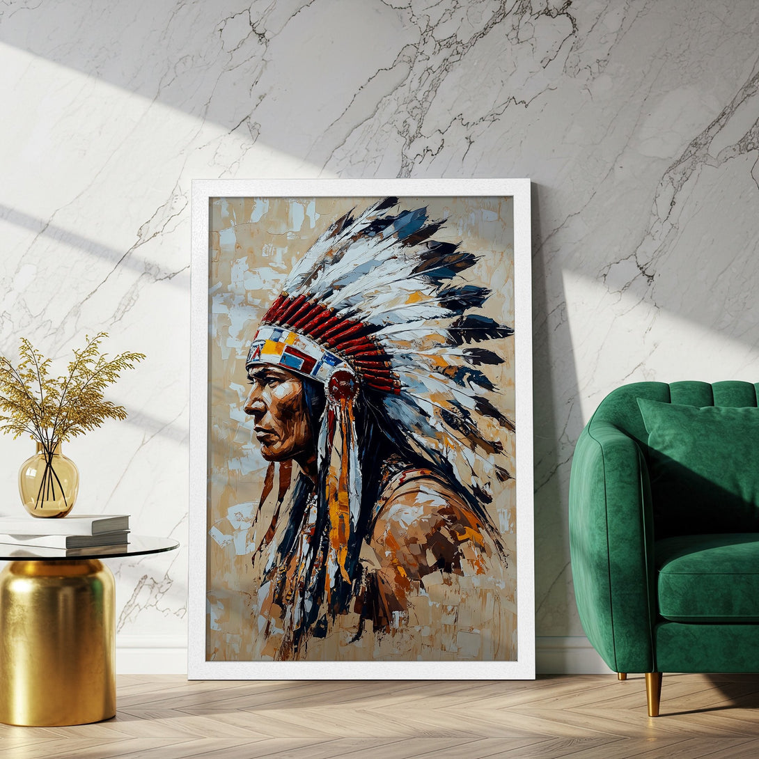 Framed Poster featuring a Native American portrait in a textured, impressionistic style with a neutral and warm color palette. Add art to your space!