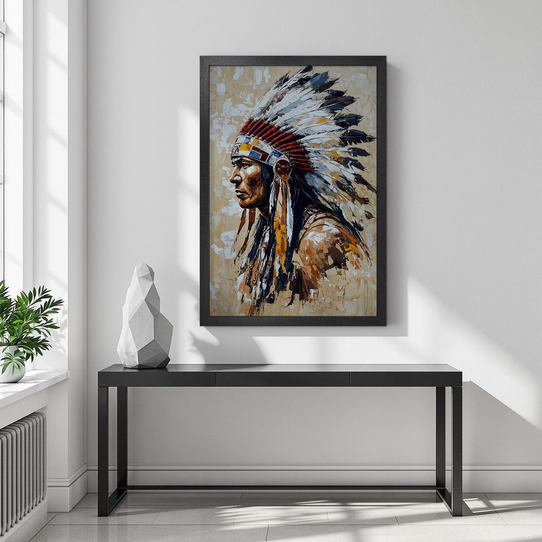 Framed Poster of Native American Chief. Textured, artistic style with warm earth tones and vibrant accents. Perfect wall art for any space.
