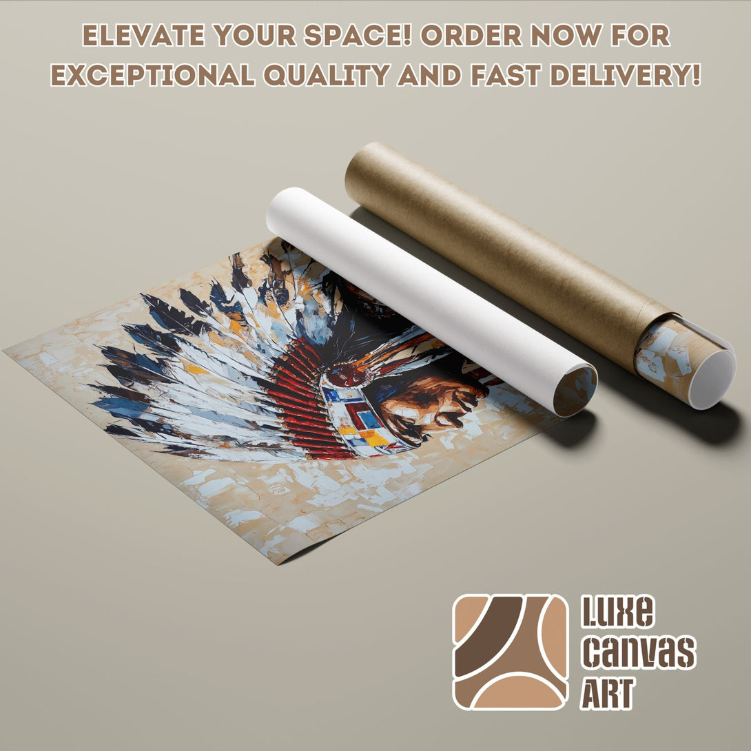 Poster Roll featuring a Native American headdress art print in a warm, earthy color palette. Order your art today!