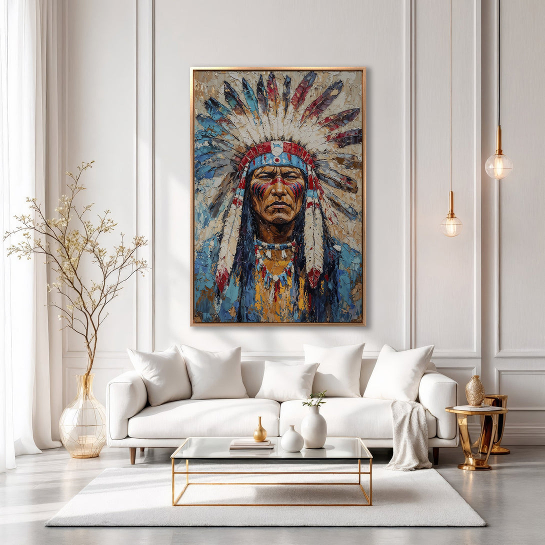 Framed Wall Art: Native American portrait Canvas Print with vibrant blues, reds, and gold tones. Perfect for adding a touch of culture and style to your home decor.