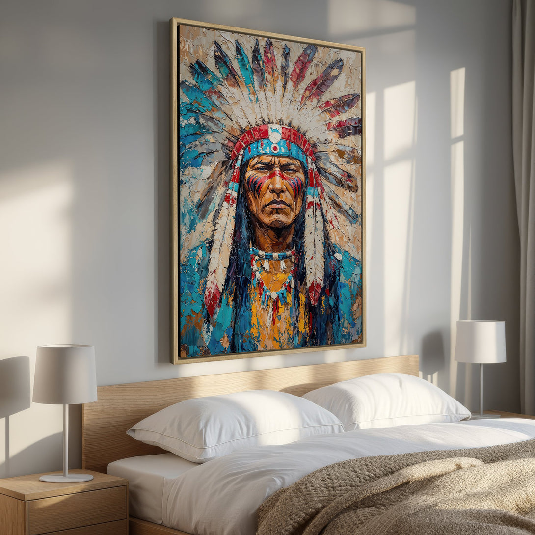 Framed Wall Art: Native American portrait in vibrant blues, reds, and yellows. Textured, modern style Canvas Print adds a bold statement to any room.