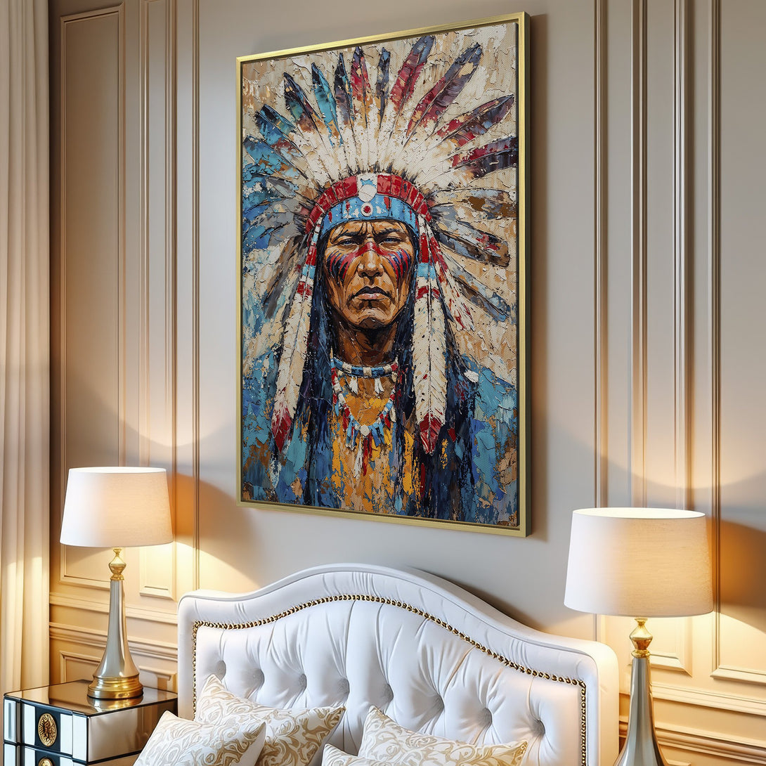 Canvas Print of Native American Chief portrait, vibrant blue, red, and gold palette, textured brushstroke style, perfect wall art.