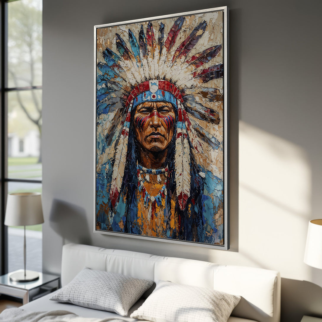 Framed Wall Art: Stunning Native American portrait in vibrant blue, red, and orange palette. Textured oil painting style adds depth and character to any space. Elevate your decor!