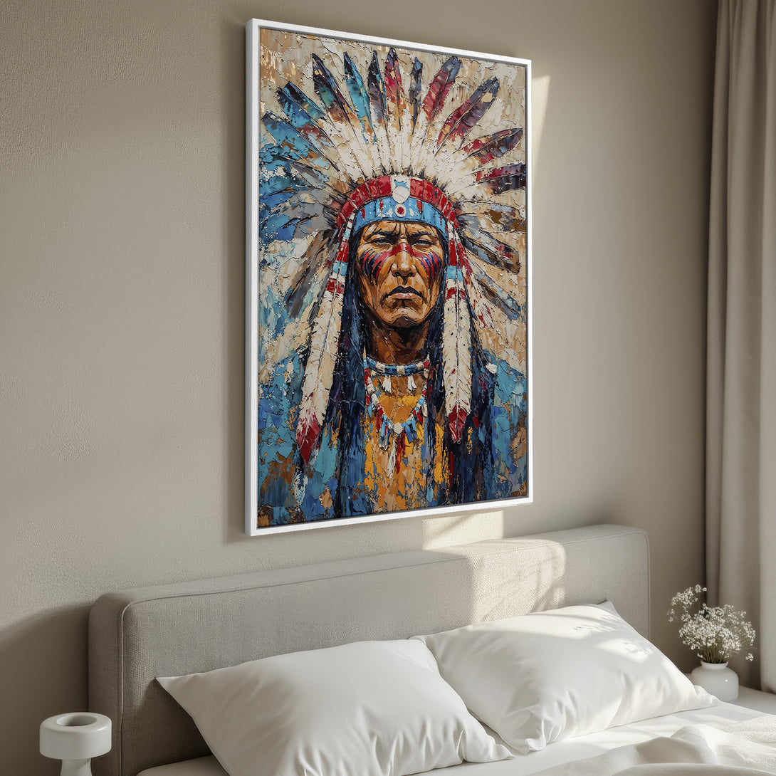 Framed Wall Art: Native American portrait in vibrant blue, red, and gold palette. Bold, textured style. Perfect for adding a touch of culture to your space.