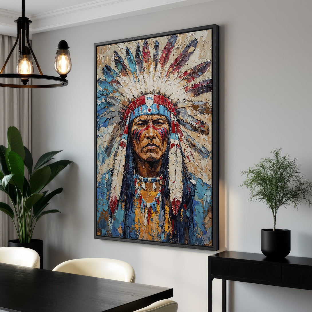 Framed Wall Art: Stunning Native American portrait canvas print. Textured, bold oil painting style with vibrant blue, red, and gold hues. Perfect statement piece!