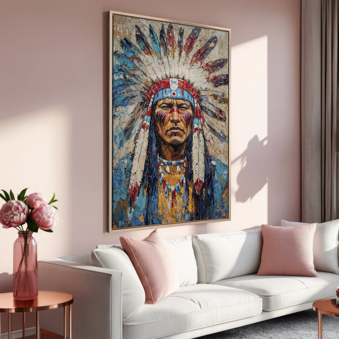 Framed Wall Art: Native American portrait in vibrant blue, red, and gold tones. Modern, textured canvas print adds artistic flair to any living room.