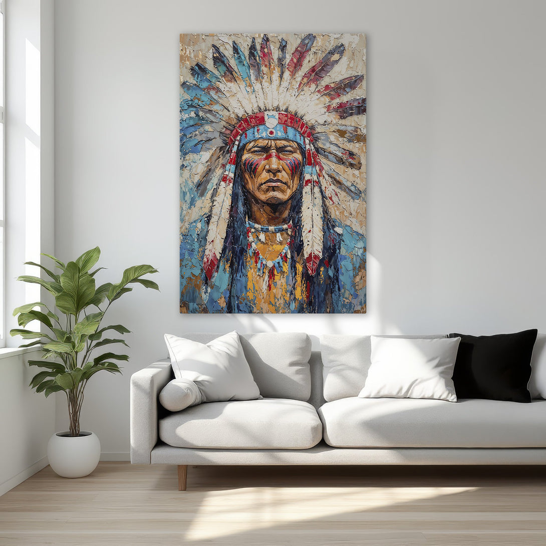 Framed Wall Art: Stunning Native American portrait in vibrant blues, reds, and gold. Add a touch of culture & color to your home with this captivating canvas print!