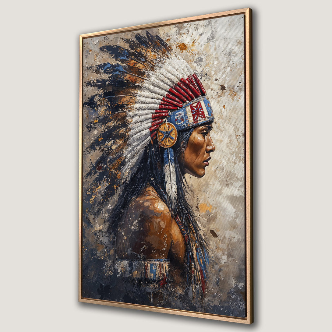 Framed Wall Art: Native American portrait canvas print. Abstract style with warm earth tones, red, and blue accents. Perfect for home decor.