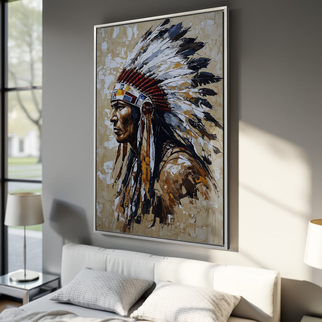 Framed Wall Art of Native American chief portrait. Textured, impressionistic style with neutral, earthy tones. Perfect for living room or bedroom decor.