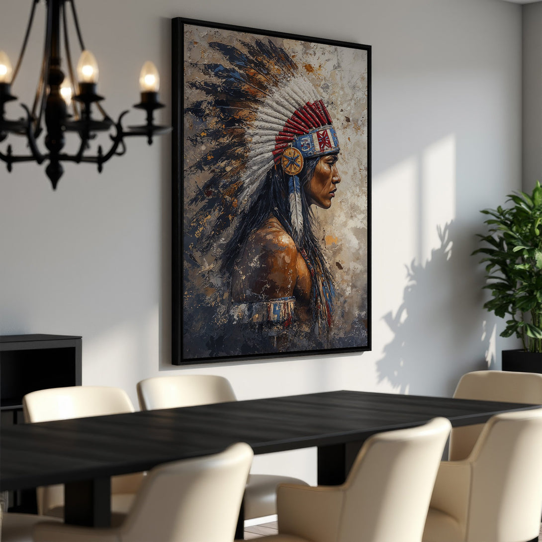 Framed Wall Art: Native American portrait in a textured, painterly style. Earthy tones with pops of red and blue. Perfect for adding character to your space.