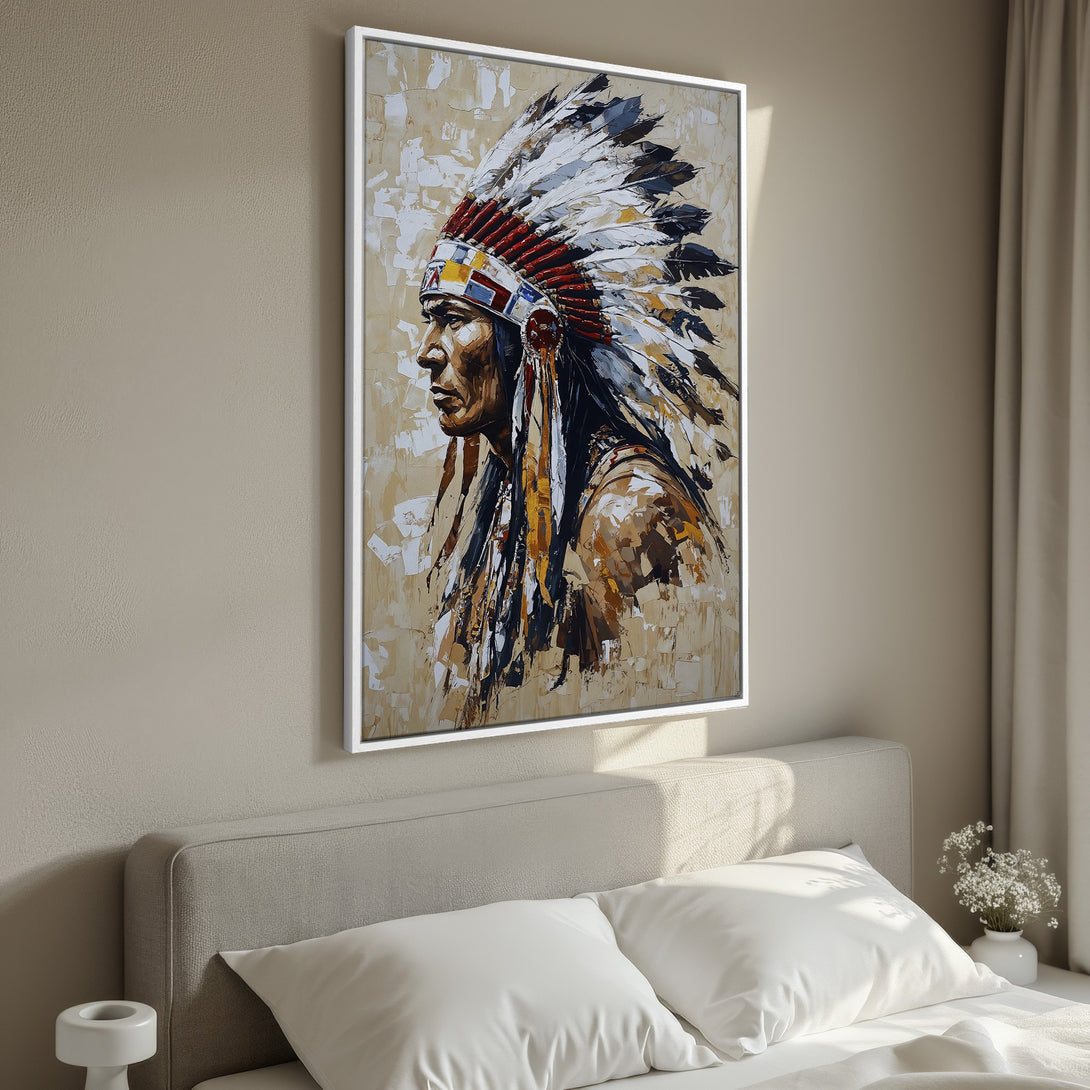 Framed Wall Art: Native American portrait in neutral tones. Abstract style Canvas Print with warm beige, brown, and white palette. Perfect for bedroom decor.