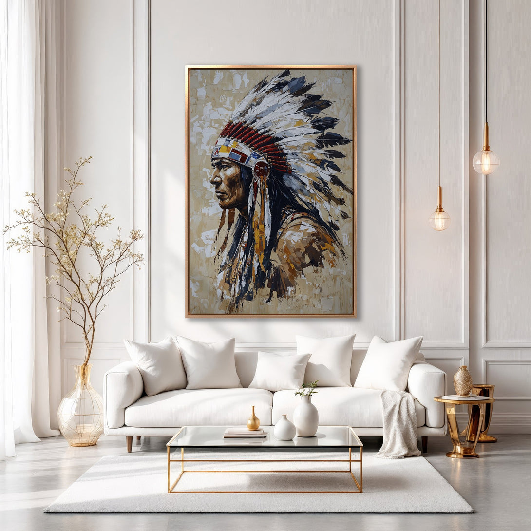 Framed Wall Art featuring a Native American portrait in a modern, impressionistic style. Earthy tones and gold frame enhance the elegant living room decor.