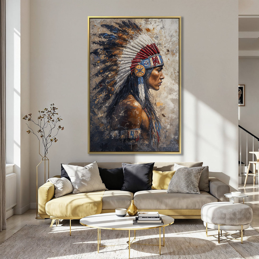 Canvas Print featuring a Native American portrait in a painterly style with a warm, earthy color palette, perfect for adding art to any room.