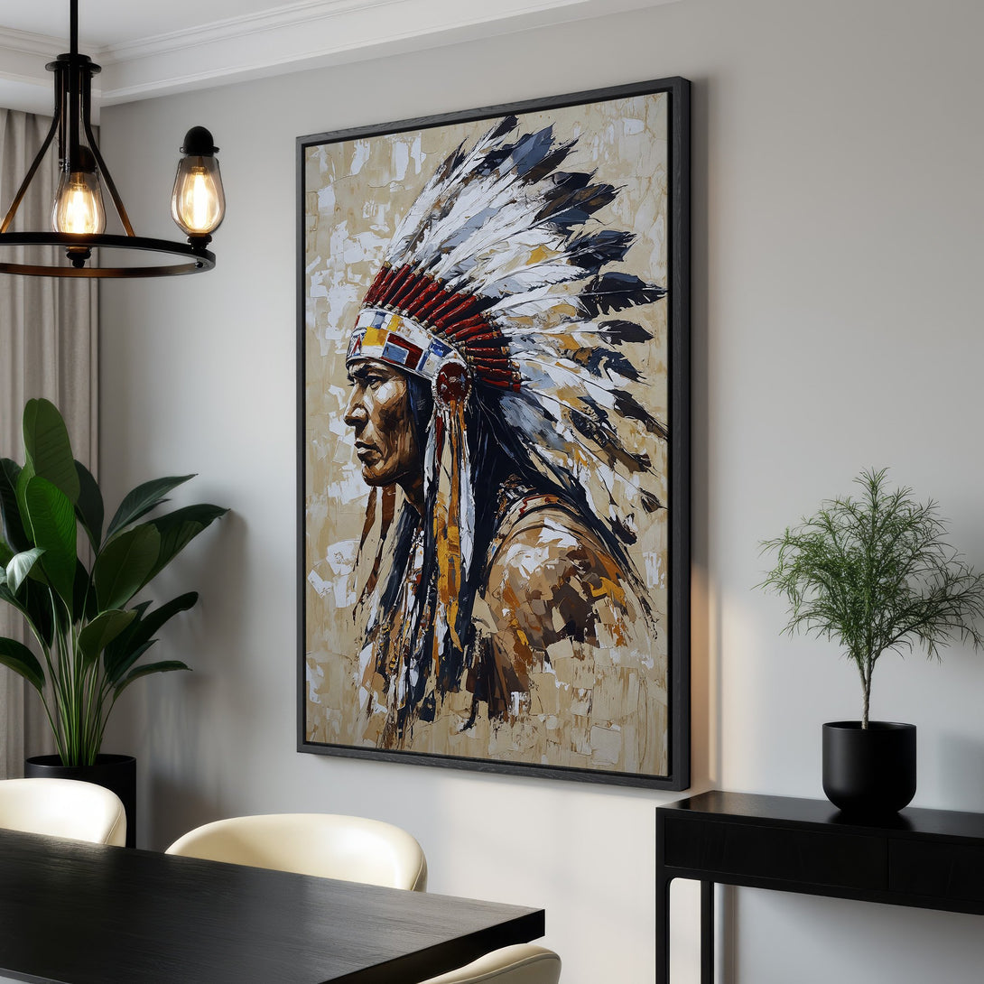 Framed Wall Art: Native American portrait canvas print in neutral tones. Perfect for adding a touch of elegance and cultural flair to your home decor.