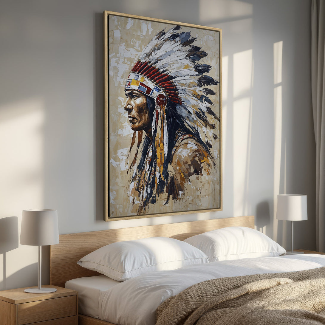 Framed Wall Art: Native American portrait in warm neutral tones. Textured, painterly style Canvas Print adds a touch of history and elegance to any bedroom.