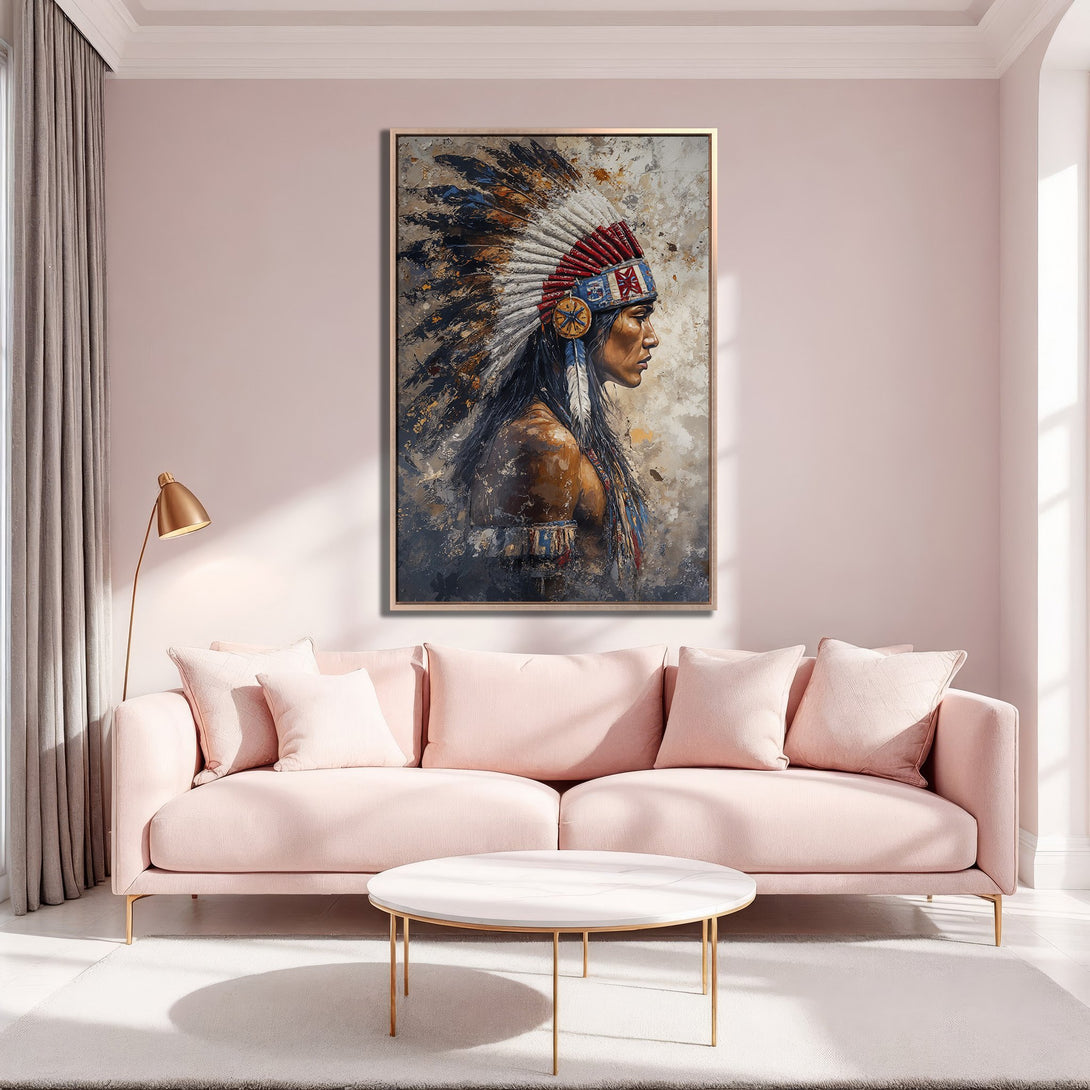 Framed Wall Art featuring a Native American portrait in a warm, earthy palette. Perfect for adding a touch of culture and style to your living space.