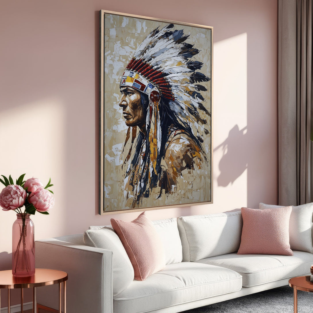 Framed Wall Art: Native American portrait in warm tones. Modern abstract style with a neutral, earthy palette. Perfect for adding a touch of history to your space.