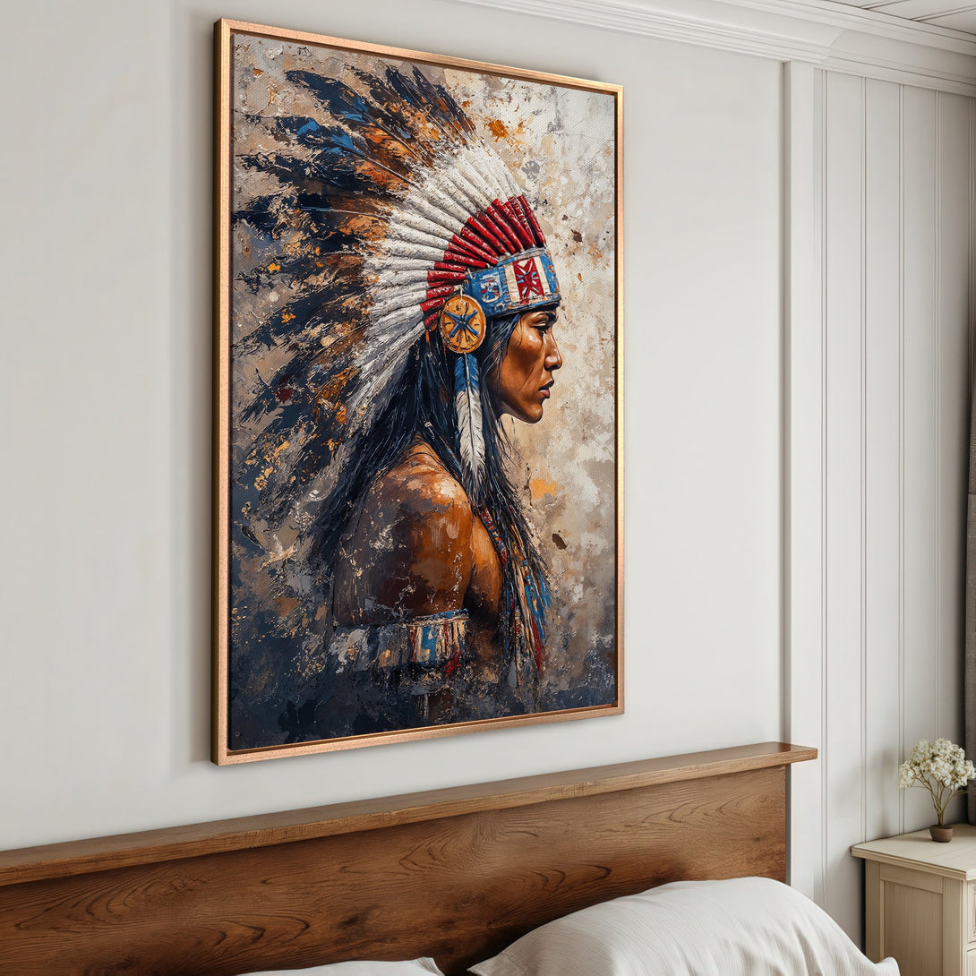 Framed Wall Art: Native American portrait in warm earth tones. Abstract style canvas print with rich blues, reds, and golds. Perfect for rustic decor.