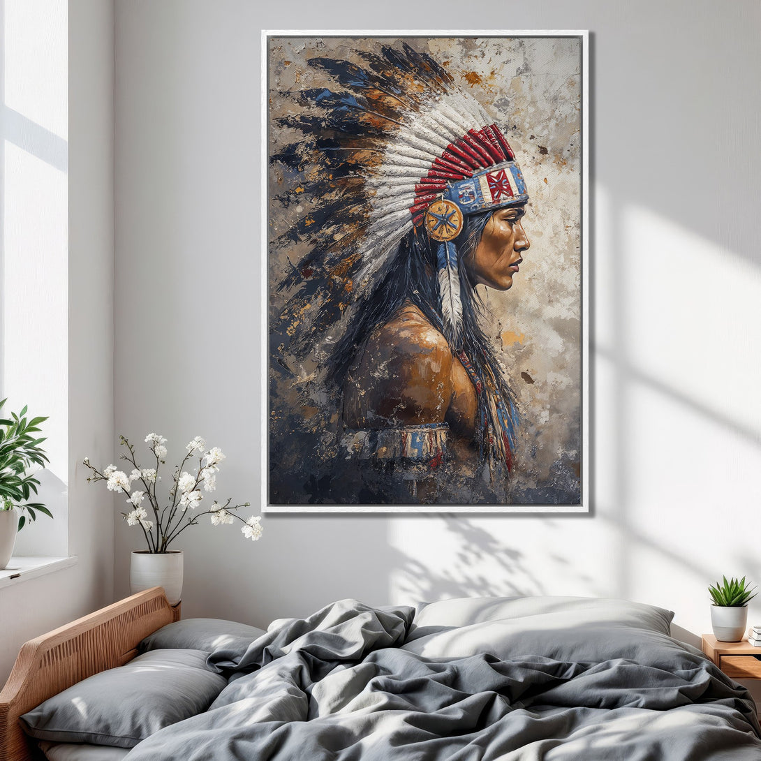 Framed Wall Art: Native American portrait in a muted color palette. Perfect for adding a touch of history and elegance to your bedroom decor. Shop now!