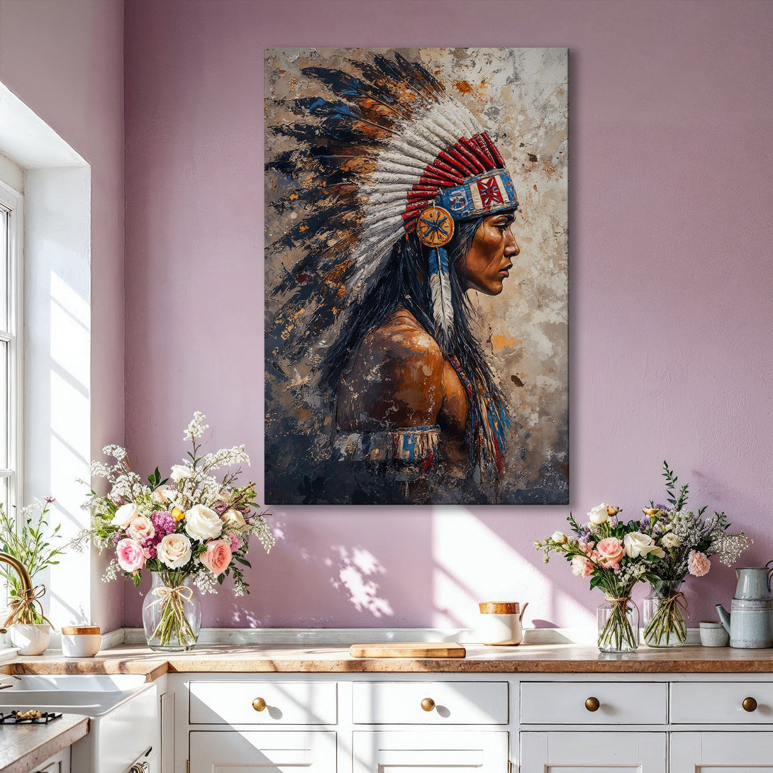 Framed Wall Art: Native American portrait in warm earth tones. Enhance your space with this stunning canvas print, perfect for living rooms.