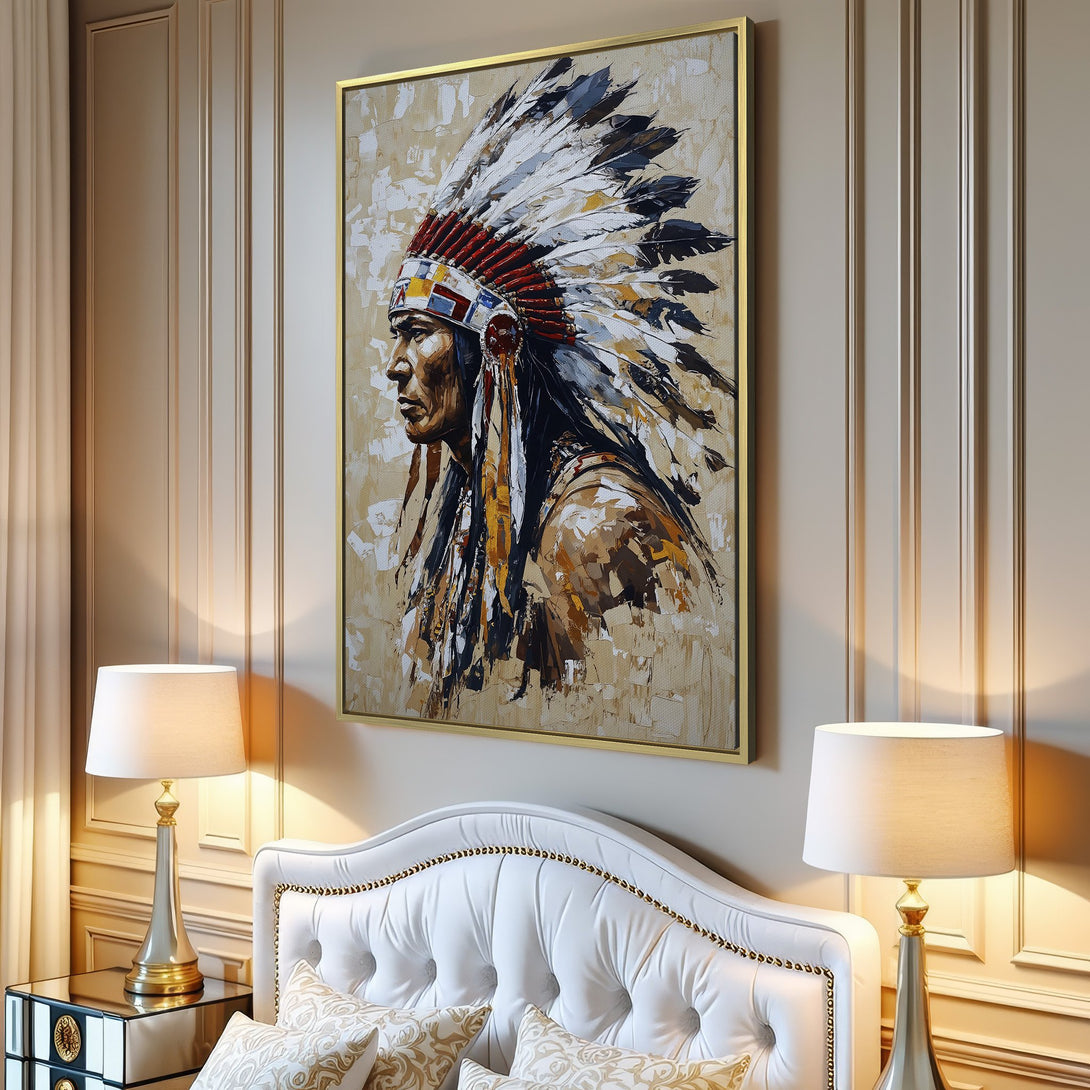 Canvas Print of Native American portrait, featuring warm earth tones and a textured, painterly style. Perfect for adding cultural art to your home.