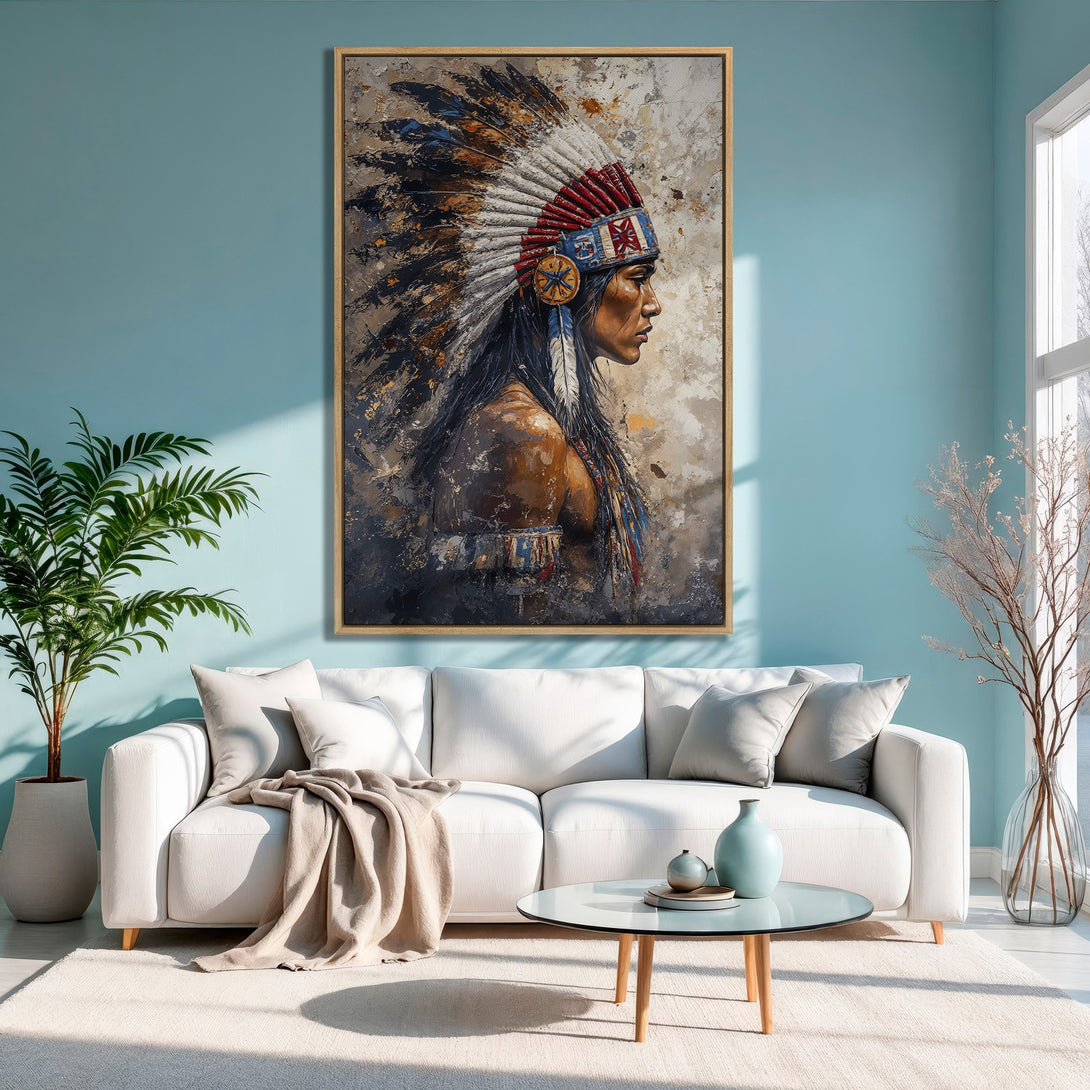 Framed Wall Art: Native American portrait in a modern abstract style. Earthy tones with pops of red and blue. Perfect for living room decor.